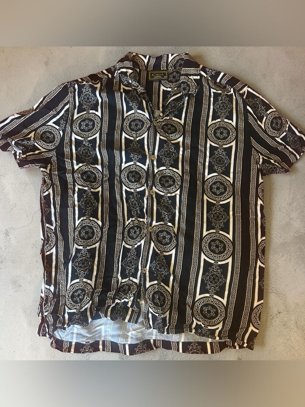 Casa Moda Couture Baroque Greek Key Medallion Short Sleeve Button Up Shirt M